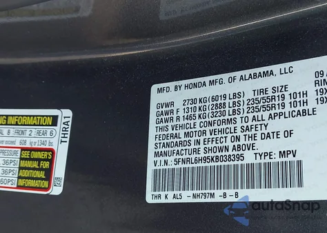 2019 Honda Odyssey Elite from USA, damaged, VIN 5FNRL6H95KB038395